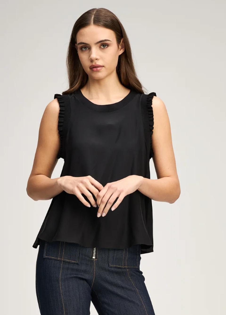 Cinq à Sept Lenore Silk Tank Top Black Ruffle Sleeveless Sz XS Quiet Luxury Chic